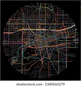 Map of DesMoines, Iowa with all major and minor roads, railways and waterways. Colorful line art on black background.