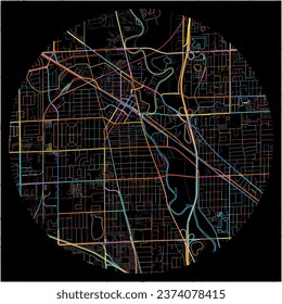 Map of DesPlaines, Illinois with all major and minor roads, railways and waterways. Colorful line art on black background.