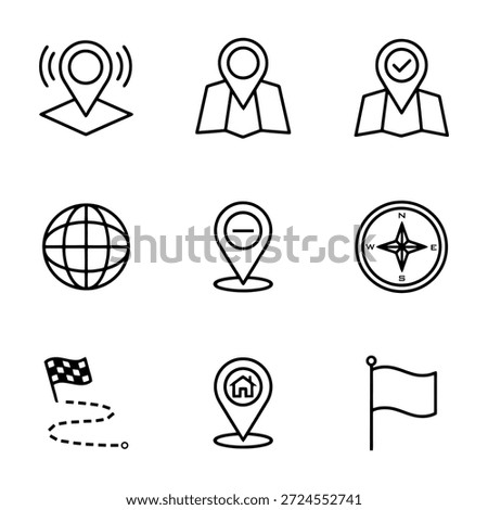 Map and destination line icon set. GPS signal, location check, globe, compass, finish line, and flag for route navigation