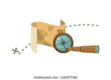 map with destination location and compass with monocular