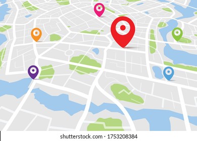 Map with destination location point, Aerial clean top view of the day time city map with street and river, Blank urban imagination map, GPS map navigator concept, vector illustration