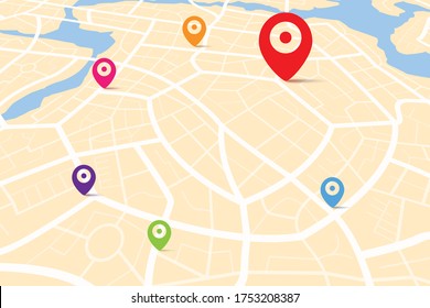 Karte mit Zielort-Punkt, saubere Draufsicht der Tageszeit Stadtplan mit Straße und Fluss, Blank urban Imagination Karte, GPS-Karte-Navigator-Konzept, Vektorgrafik
