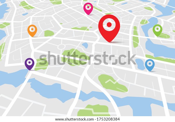 Map with\
destination location point, Aerial clean top view of the day time\
city map with street and river, Blank urban imagination map, GPS\
map navigator concept, vector\
illustration