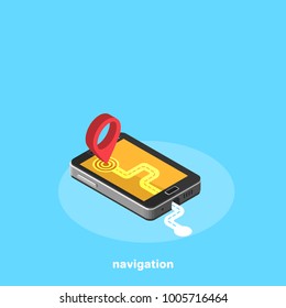 map and destination pointer on the smartphone, isometric image