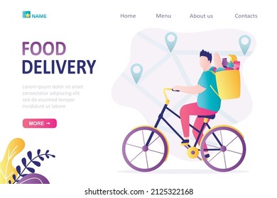 Mapa con destinos para la entrega de paquetes. Entregar a un hombre en bicicleta con una bolsa llena de comida fresca. El trabajador de la bicicleta envía pedidos a los clientes. Plantilla de página de inicio. Servicio de entrega. Ilustración del vector