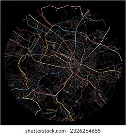 Map of Detmold, North Rhine-Westphalia with all major and minor roads, railways and waterways. Colorful line art on black background.