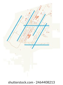 Karte von Detroit Metropolitan Wayne County Airport (Vereinigte Staaten von Amerika). IATA-Code: DTW. Flughafenschema mit Start- und Landebahnen, Rollbahnen, Vorfeld, Parkplätzen und Gebäuden. Kartendaten von OpenStreetMap.