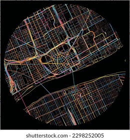 Map of Detroit, Michigan with all major and minor roads, railways and waterways. Colorful line art on black background.