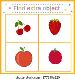 Map for the development of children, find an extra object where the fruit is among the berries, the Apple is extra. Vector illustration. Design of children's books, preschool education