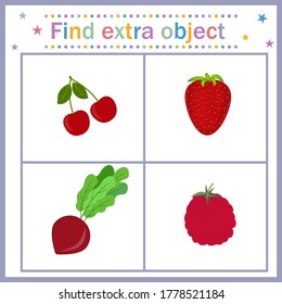 Map for the development of children, find an extra object where a vegetable among the berries, beets extra. Vector illustration. Design of children's books, preschool education