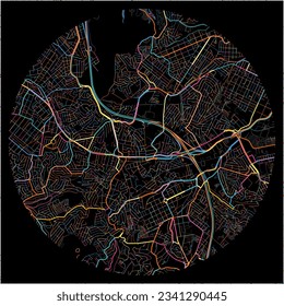 Map of Diadema with all major and minor roads, railways and waterways. Colorful line art on black background.