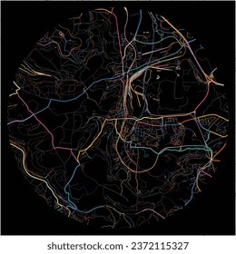 Map of Differdange, Esch-sur-Alzette with all major and minor roads, railways and waterways. Colorful line art on black background.