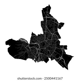 Map of Dijon, France. Detailed city vector map, metropolitan area. Black and white streetmap with roads and water.