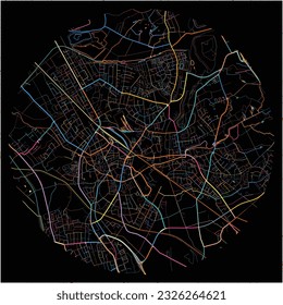 Map of Dinslaken, North Rhine-Westphalia with all major and minor roads, railways and waterways. Colorful line art on black background.