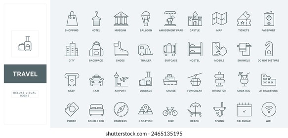 Map direction to museum, tickets to cruise and airplane, funicular thin black and red outline symbols, vector illustration. Travel destination of summer vacation, hotel service line icons set