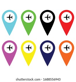 Dirección de mapa, signo de posición, colección de símbolos de icono del vector de posición del avión