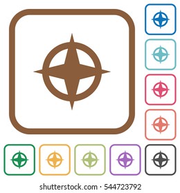 Map directions simple icons in color rounded square frames on white background