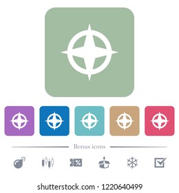 Map directions white flat icons on color rounded square backgrounds. 6 bonus icons included