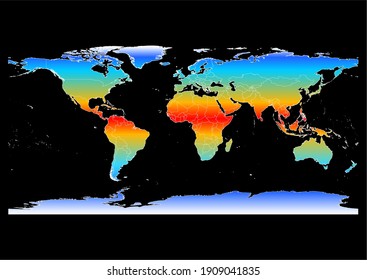 Map displaying climate zones. Vector map suitable for digital editing and prints of all sizes. World climate zones map isolated on black background.