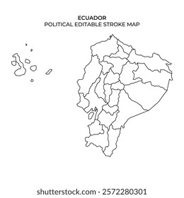 The map displays the political boundaries of Ecuador, revealing its provinces and the Galapagos Islands. Each region is outlined, highlighting geographical divisions.