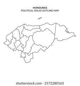 The map displays the political divisions of Honduras in a clear outline format, showcasing the various regions and borders that define the countrys geography in a minimalist style.