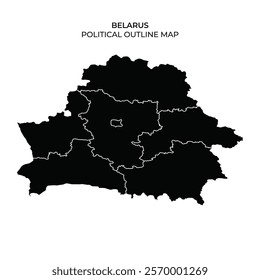 The map displays the political outline of Belarus, highlighting its regional divisions. The design emphasizes the distinct boundaries of each area within the country.