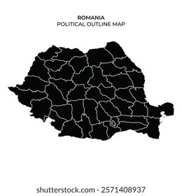 The map displays the political outline of Romania, highlighting its distinct regions and administrative divisions in a clear black silhouette against a white background.