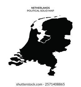 The map displays the solid black outline of the Netherlands, showcasing its political boundaries. It emphasizes the distinctive shape of the country and surrounding water bodies.