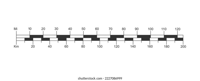 Gráfico de medición de distancia de mapa. Escala de barras con relación de kilómetros y millas. Elemento de cartografía aislado en fondo blanco. Ilustración gráfica vectorial.