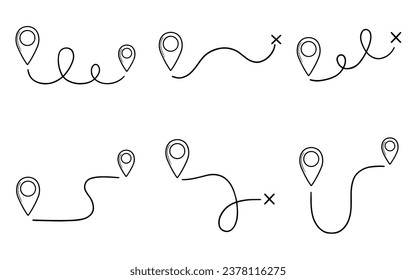 Map distance measuring doodle set. Navigation sign, location pointers, map pins Gps navigation in sketch style. Hand drawn vector illustration isolated on white background