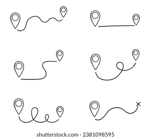 Map distance measuring doodle set. Navigation sign, location pointers, map pins Gps navigation in sketch style. Hand drawn vector illustration isolated on white background