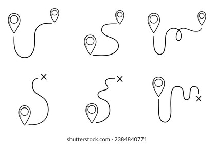 Map distance measuring doodle set. Navigation sign, location pointers, map pins Gps navigation in sketch style. Hand drawn vector illustration isolated on white background