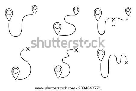 Map distance measuring doodle set. Navigation sign, location pointers, map pins Gps navigation in sketch style. Hand drawn vector illustration isolated on white background
