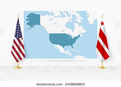 Mapa del Distrito de Columbia y banderas del Distrito de Columbia en el stand de la bandera. Ilustración vectorial para la reunión de diplomacia.