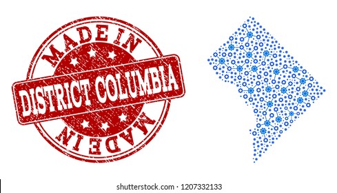Map of District Columbia vector mosaic and Made In grunge stamp. Map of District Columbia created with blue gear links. Made in red seal with distress rubber texture.