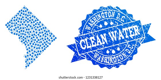 Map of District Columbia vector mosaic and clean water grunge stamp. Map of District Columbia designed with blue water tears. Seal with grunge rubber texture for clean drinking water.