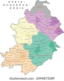 Map of Rhein-Hunsrück-Kreis district Rhineland-Palatinate state in Federal Republic of Germany. Capital town is Simmern im Hunsrück