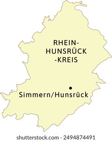 Map of Rhein-Hunsrück-Kreis district Rhineland-Palatinate state in Federal Republic of Germany. Capital town is Simmern im Hunsrück