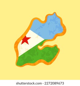 Map of Djibouti colored with the flag and marked with a golden line in grunge vintage style.