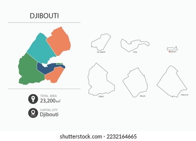Map of Djibouti with detailed country map. Map elements of cities, total areas and capital.