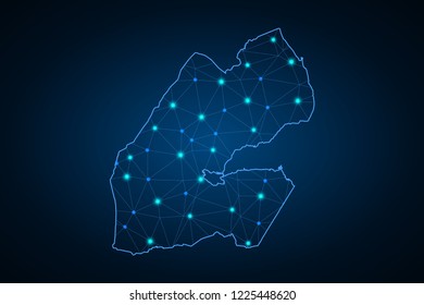 Map of Djibouti from Polygonal wire frame low poly mash, contours network line, luminous space stars, design sphere, dot and structure. Vector Illustration EPS10.