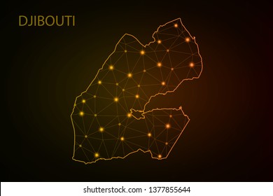 Map of Djibouti from Polygonal wire frame low poly mash, contours network line, luminous space stars, design sphere, dot and structure. Vector Illustration EPS10. - Vector - Vector