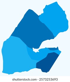 Map of Djibouti with regions. Just a simple country border map with region division. Light blue color palette. Flat Djibouti shape with administrative division. Vector illustration.