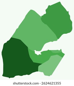 Map of Djibouti with regions. A simple country border map with region division. Green color palette. Flat Djibouti shape with administrative division. Vector illustration.