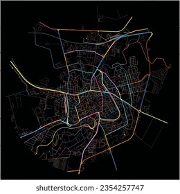 Map of Dobrich with all major and minor roads, railways and waterways. Colorful line art on black background.