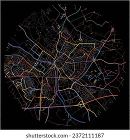 Map of Doetinchem, Gelderland with all major and minor roads, railways and waterways. Colorful line art on black background.