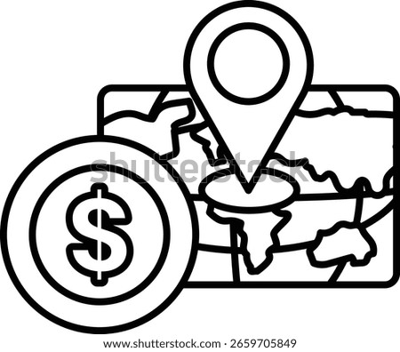A map with a dollar sign and a pin on it. The dollar sign is on the left side of the map and the pin is on the right side
