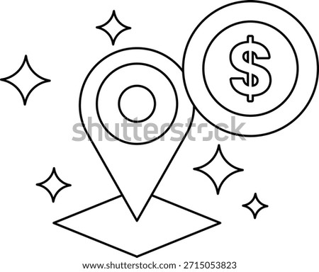 A map with a dollar sign and a star on it. The dollar sign is on the right side of the map and the star is on the left side