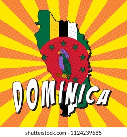 map of dominica with national flag in retro comic style