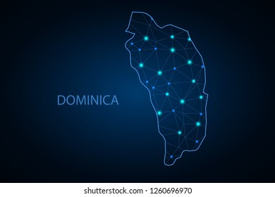 Map of Dominica from Polygonal wire frame low poly mash, contours network line, luminous space stars, design sphere, dot and structure. - Vector